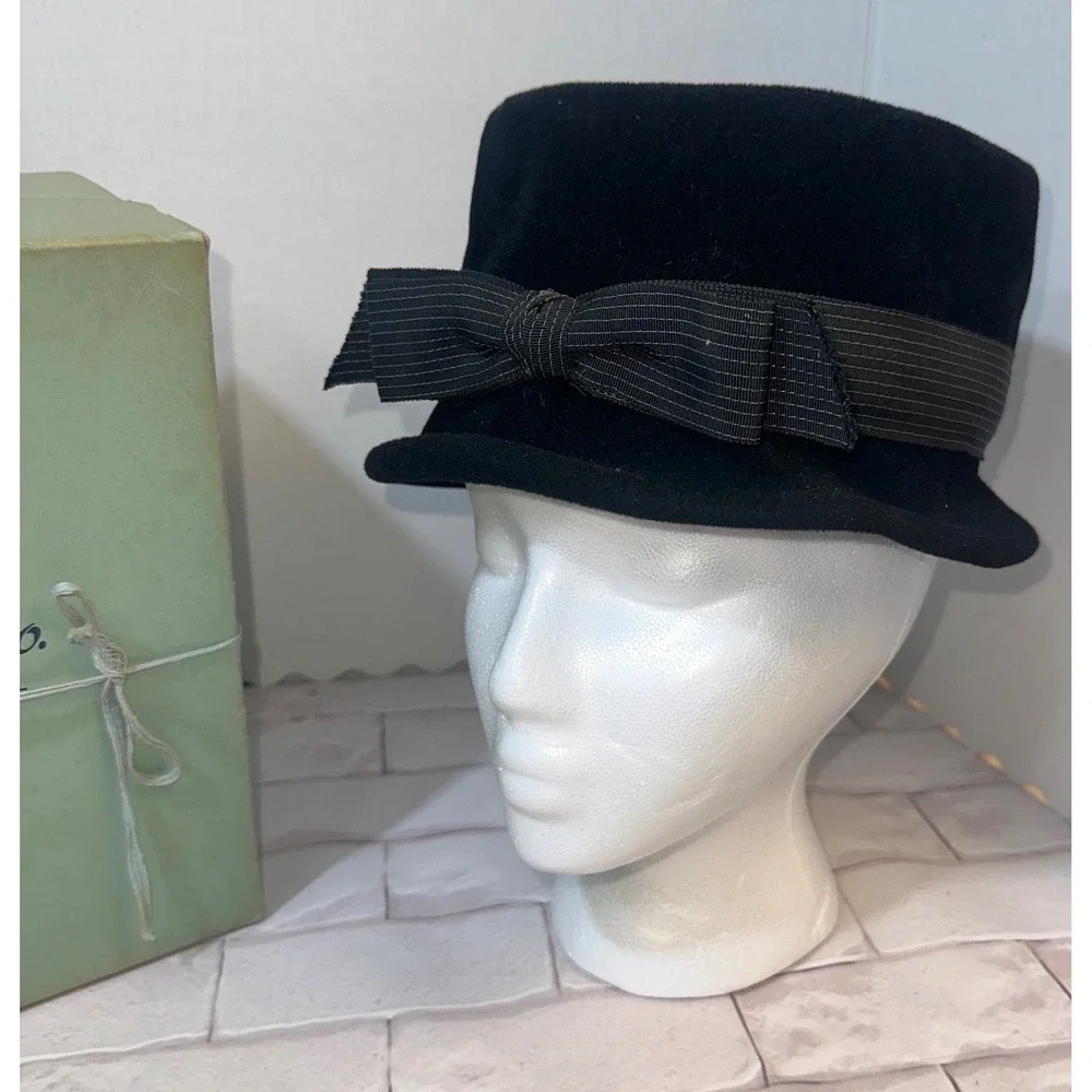 Vintage LS Ayres & Co Black Felt Pillbox Hat with Bow and Original Box